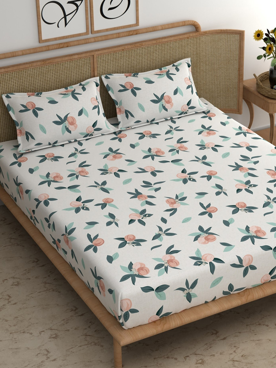 CHHAVI INDIA Green Floral Polycotton 210 TC King Fine Bedsheet with 2 Pillow Covers-59 x 87 inches