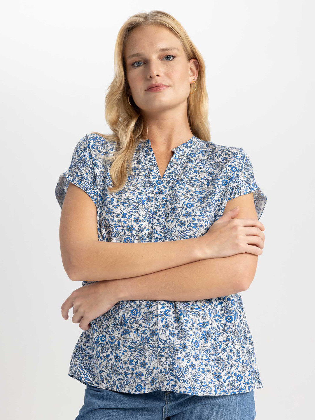 DeFacto Floral Printed Mandarin Collar Shirt Style Top