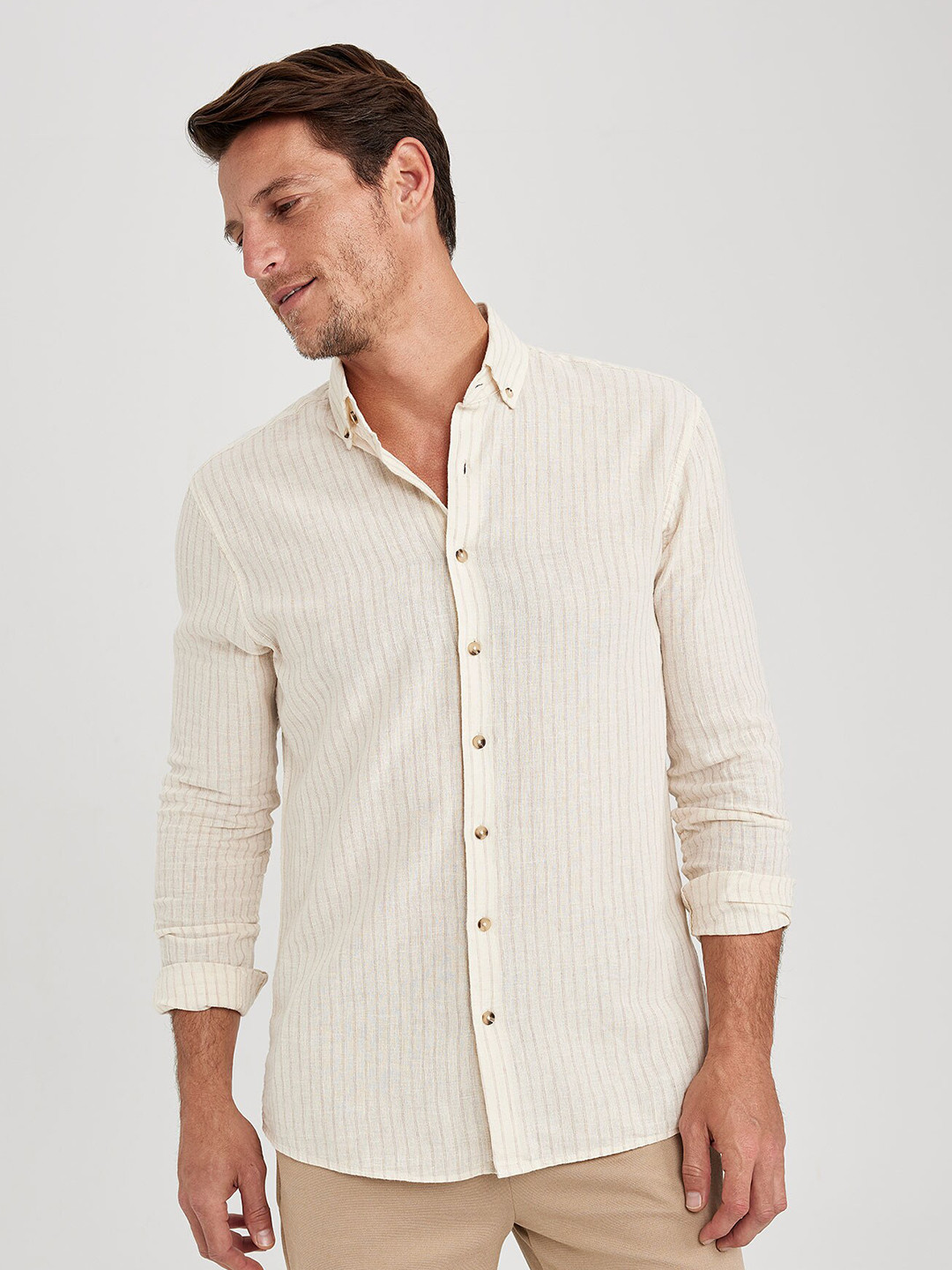 DeFacto Vertical Striped Button-Down Collar Cotton Linen Casual Shirt