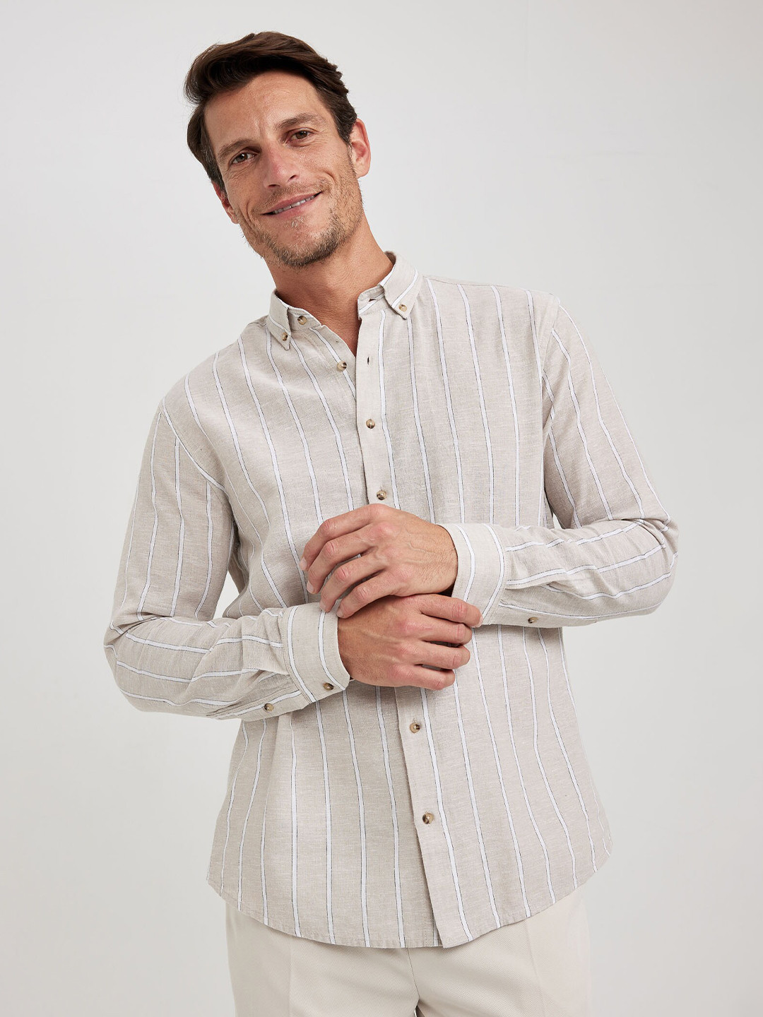 DeFacto Vertical Striped Button Down Collar Linen Cotton Casual Shirt