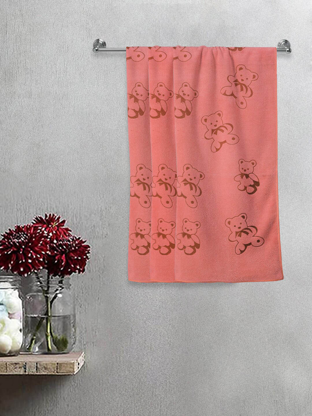 FABINALIV Set of 3 Peach-Colored Cartoon Print Cotton Kids Bath Towels