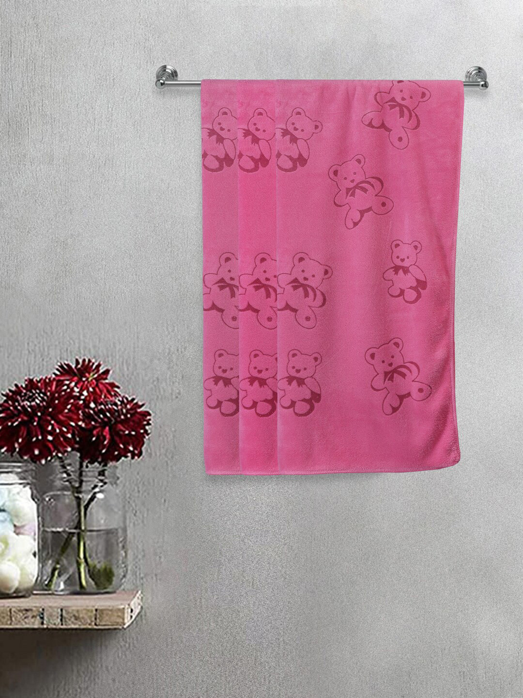 FABINALIV Set of 3 Pink color Cartoon Print Cotton Kids Bath Towels