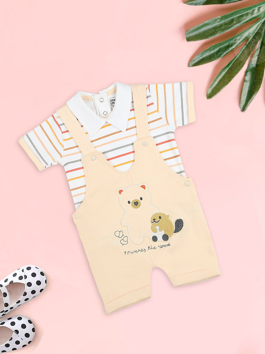 MeeMee Unisex Kids Embroidered Applique Cotton Dungarees With T-shirt