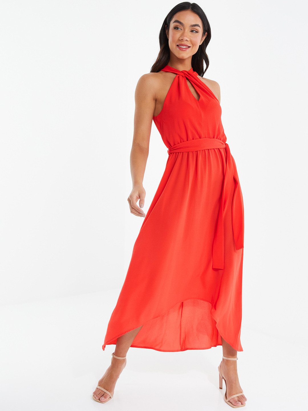QUIZ Halter Neck Dipped Hem Midi Fit & Flare Dress