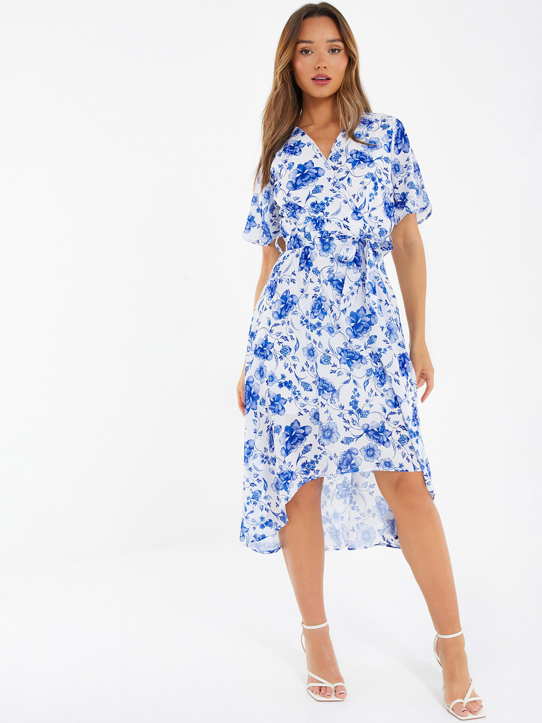 QUIZ Floral Printed V-Neck Dipped Hem Flared Sleeve Wrap Dress