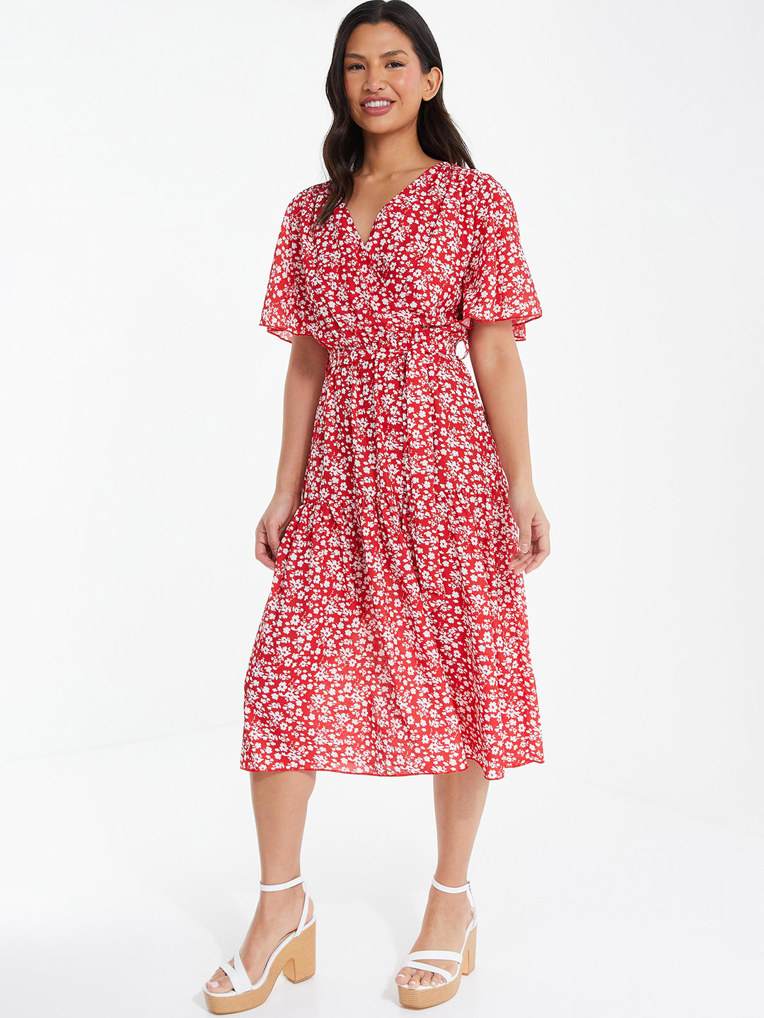 QUIZ Micro Pattern Floral Printed Tiered V-Neck Flared Sleeve Fit & Flare Midi Dress