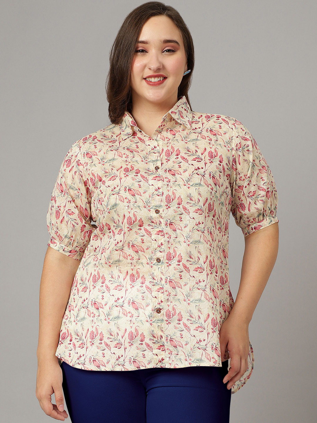 Curvy Lane Plus Size Floral Printed Shirt Style Modal Top