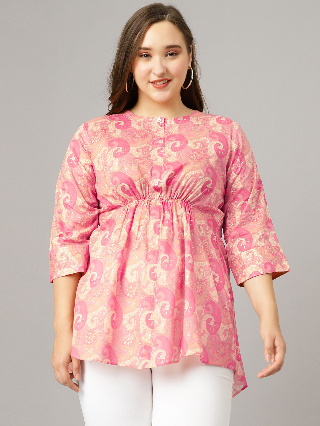 Curvy Lane Plus Size Paisley Printed Mandarin Collar A-Line Longline Cotton Top