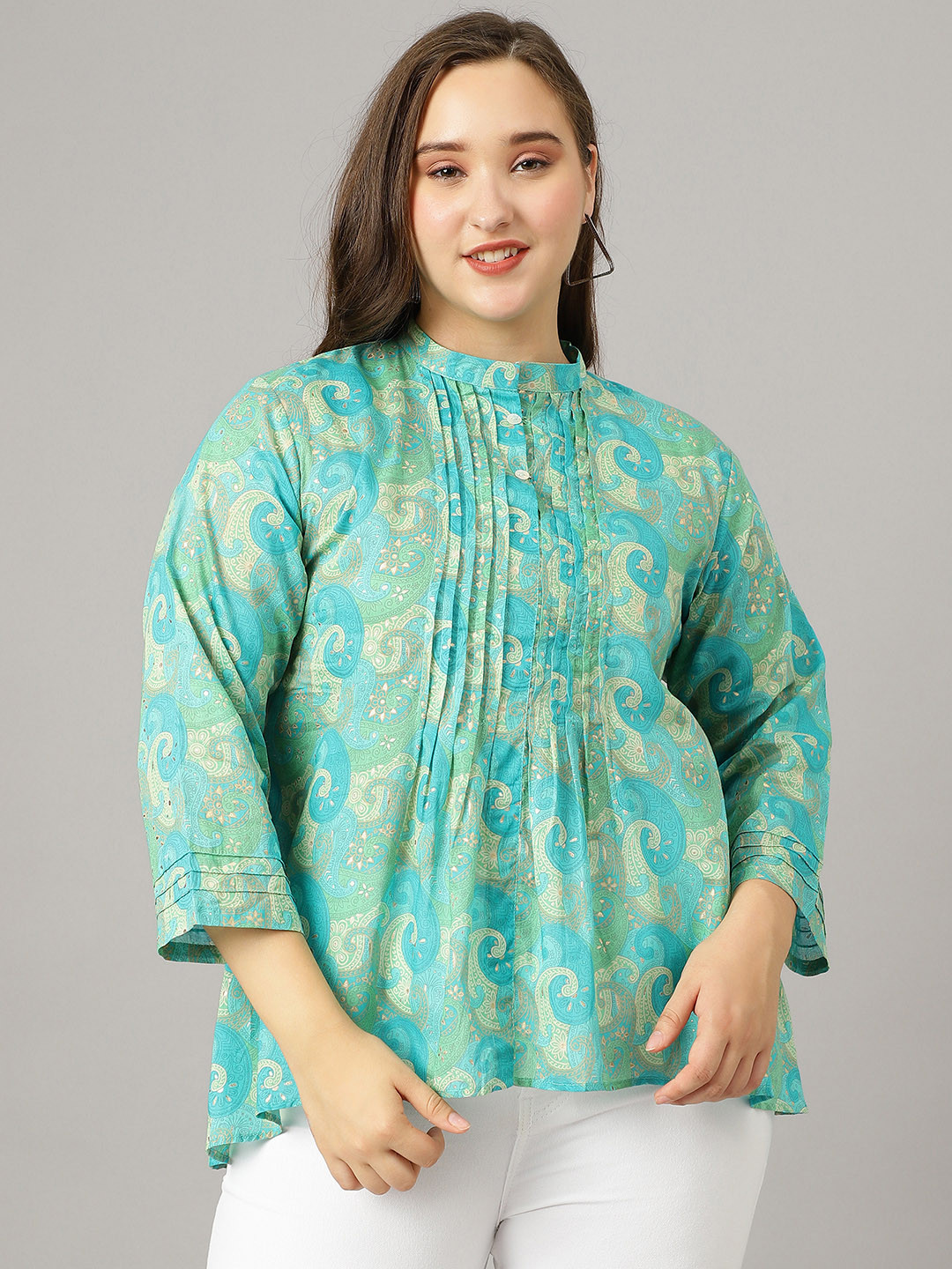 Curvy Lane Plus Size Paisley Printed Mandarin Collar A-Line Cotton Top