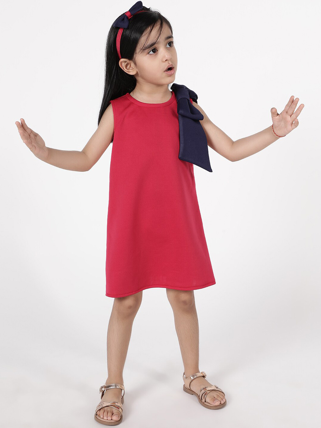 A Little Fable Girls Round Neck Bow A-Line Dress