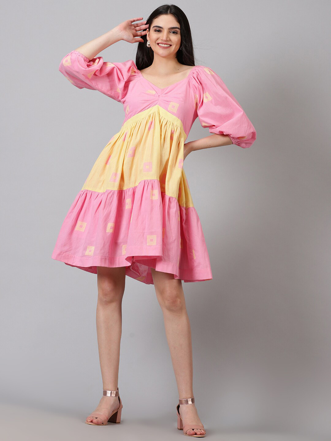 Jilmil Geometric Printed Puff Sleeves Gathered Tiered Cotton A-Line Dress