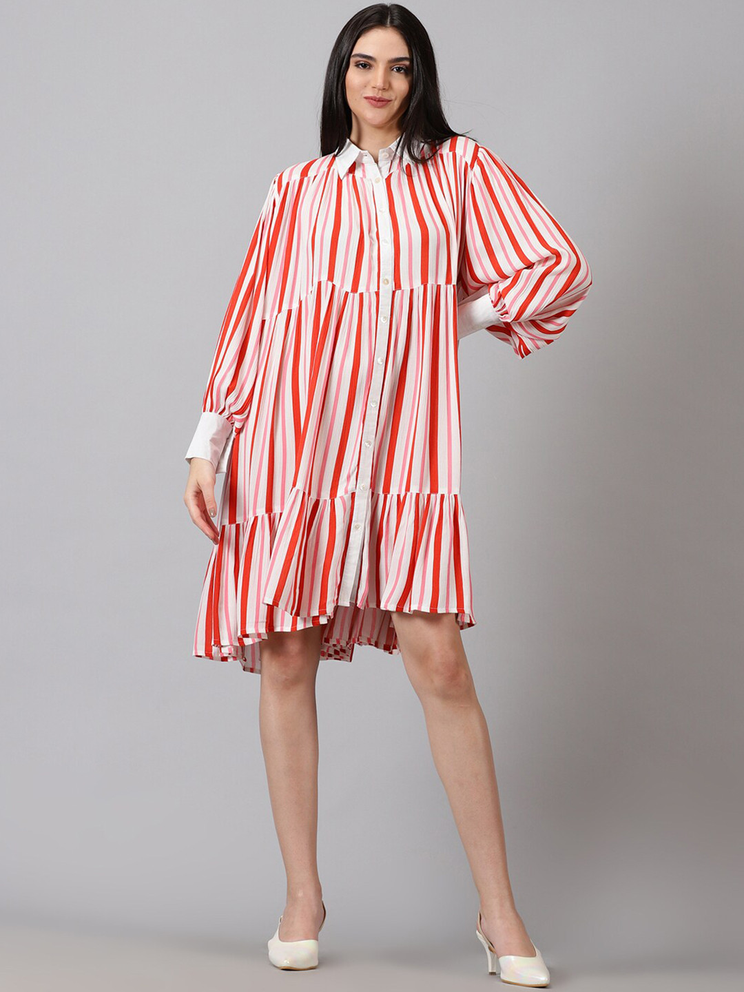 Jilmil Candy Striped Cuffed Sleeves Gathered Cotton A-Line Dress