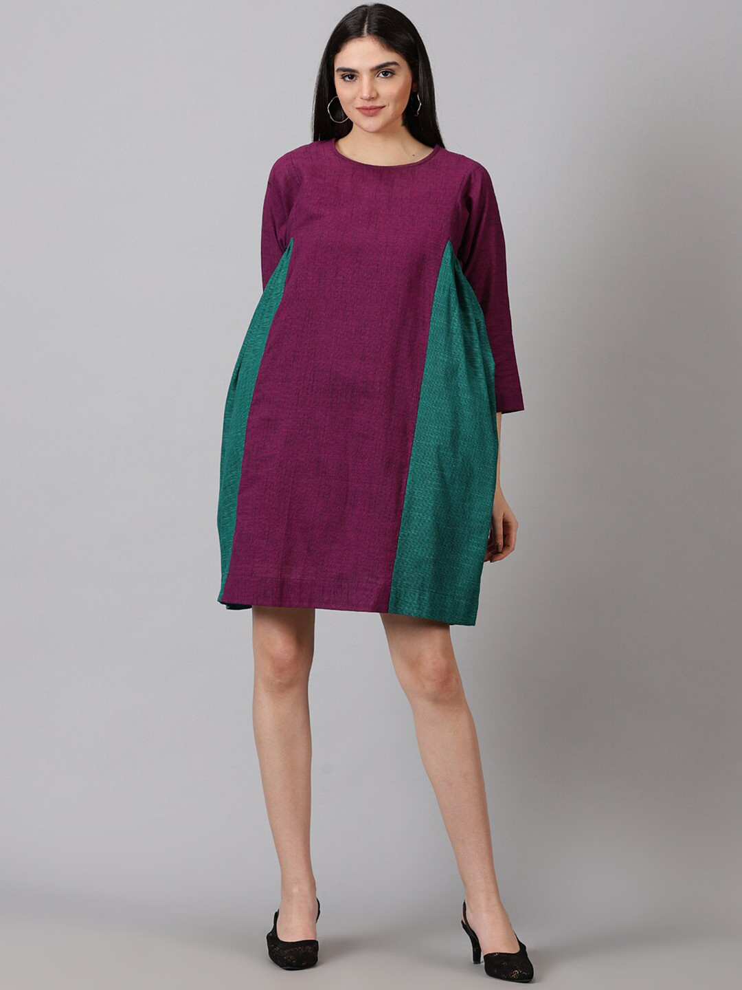 Jilmil Purple Colourblocked Gathered A-Line Dress