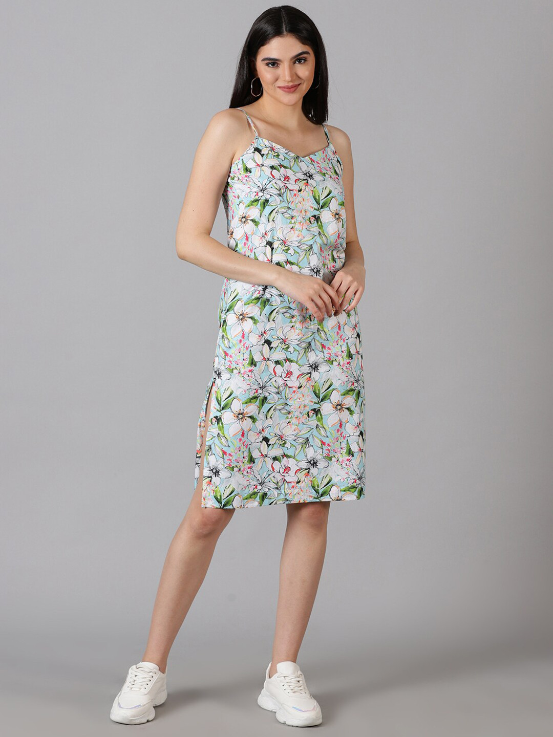 Jilmil Floral Printed Shoulder Strap Side Slits Cotton Sheath Dress