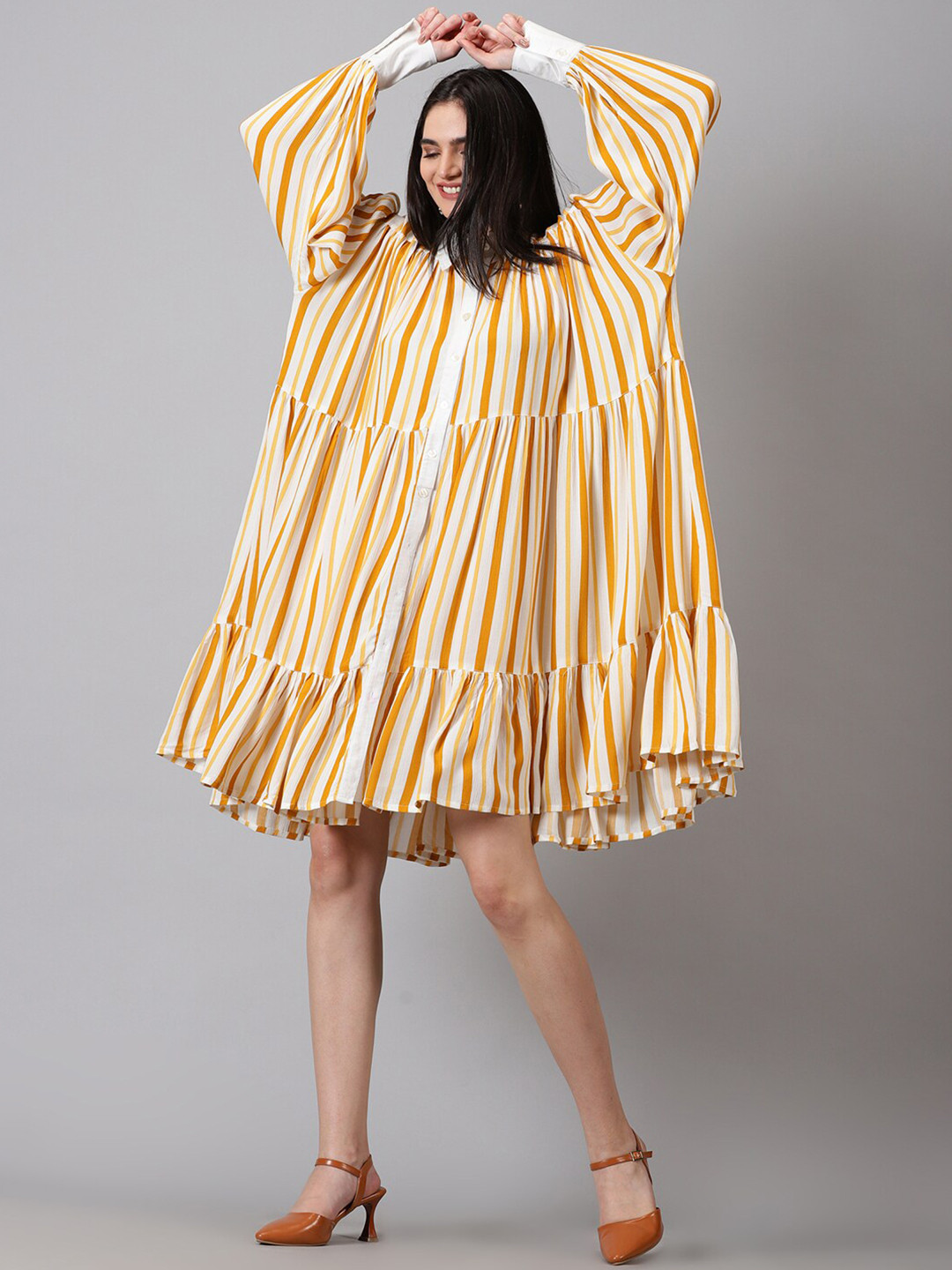 Jilmil Striped Cuffed Sleeves Gathered Cotton A-Line Dress