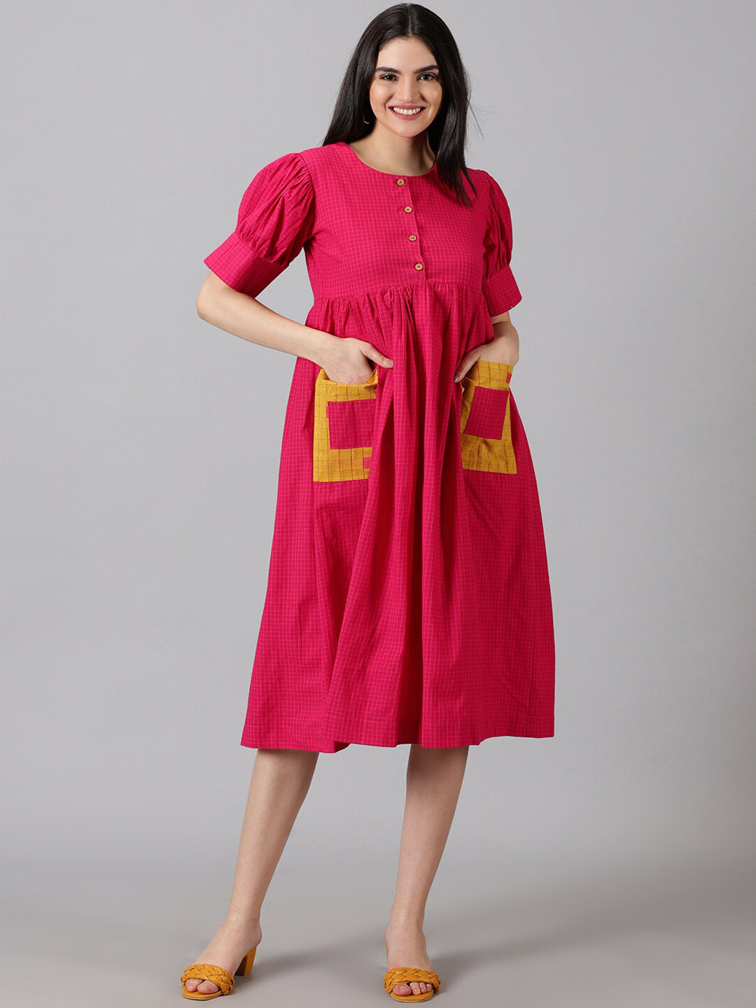 Jilmil Checked Puff Sleeves Gathered Pocket Detailing Cotton Empire Midi Dress