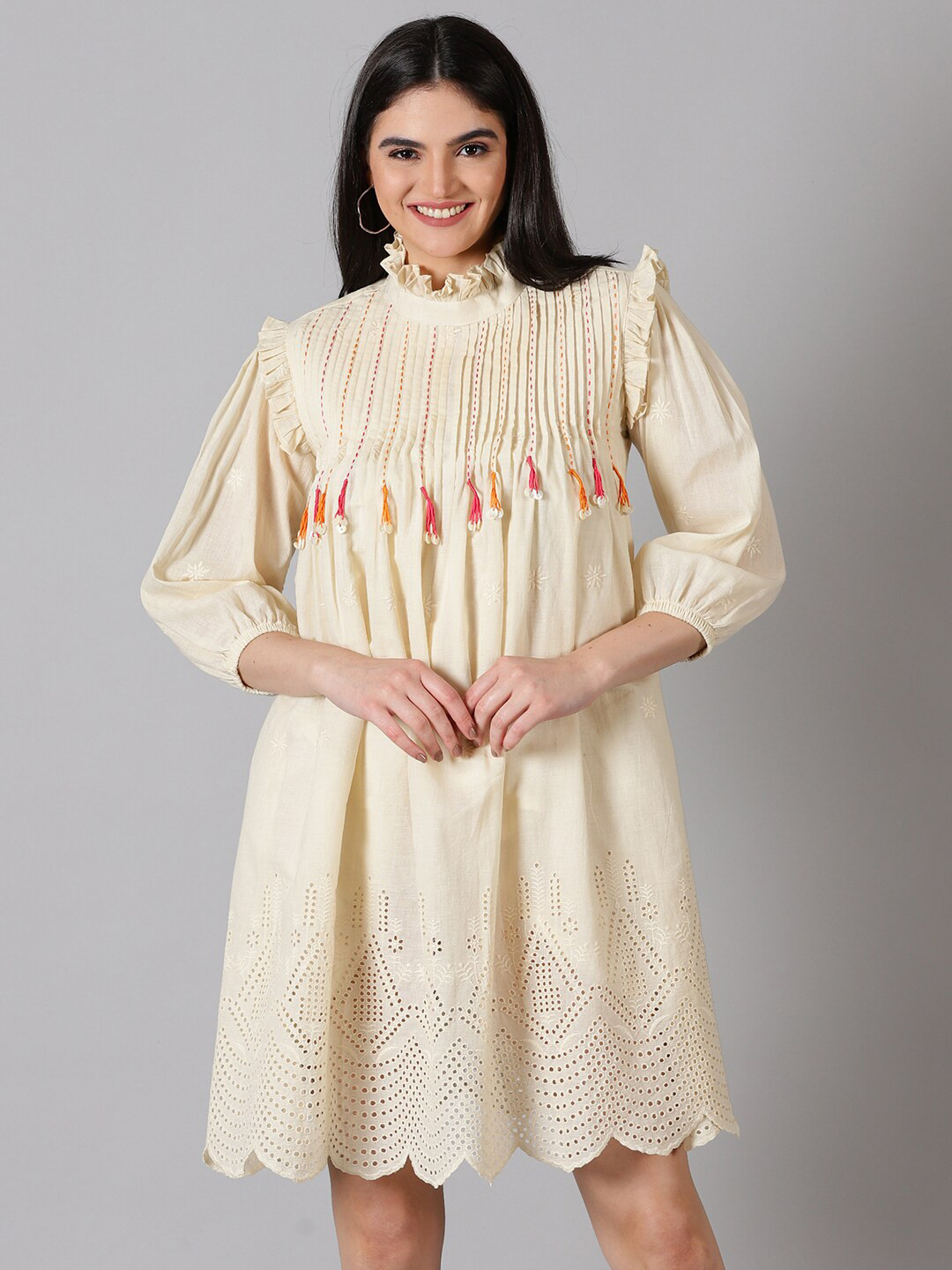 Jilmil Embroidered Pin Tuck Yoke Design High Neck Schiffli Gathered Cotton A-Line Dress