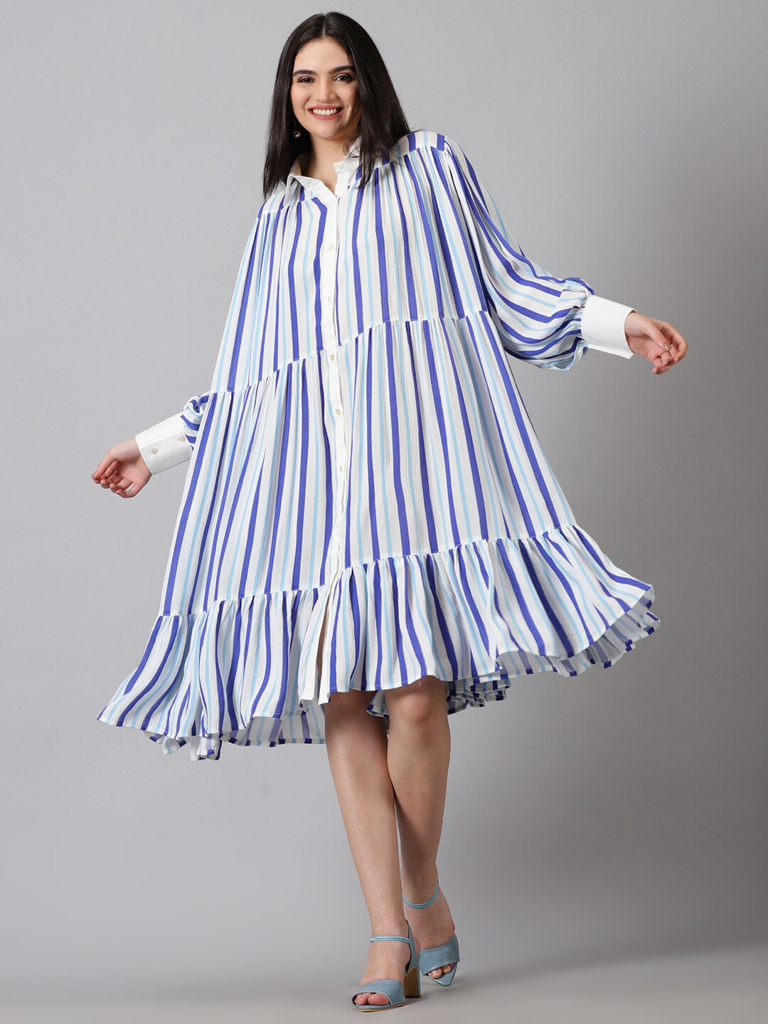 Jilmil Striped Cuffed Sleeves Gathered Cotton A-Line Dress