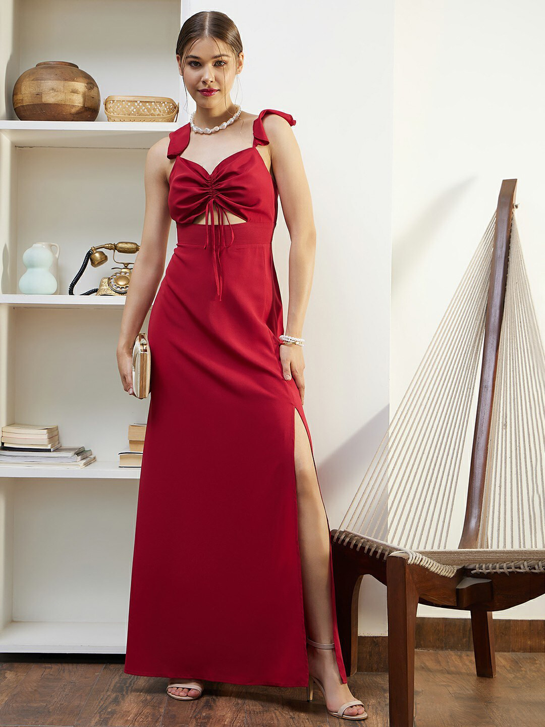 Berrylush Red Sweetheart Neck Flutter Sleeves Tie Ups Maxi Dress