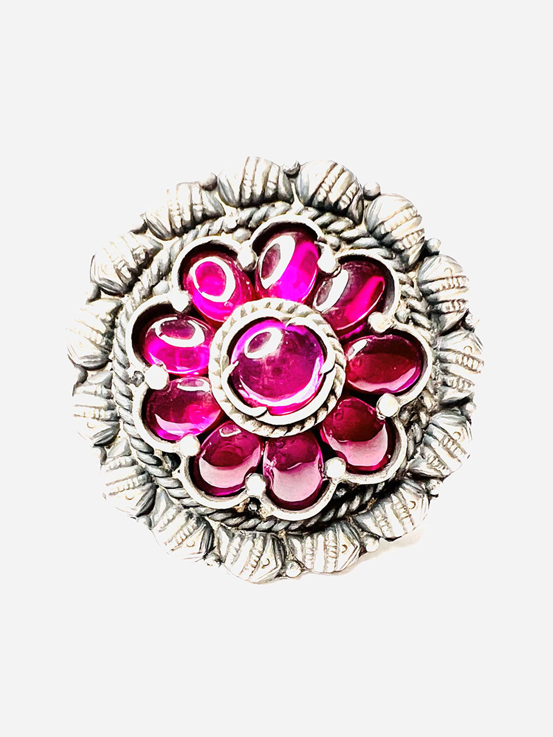 Arte Jewels 925 Oxidised Silver Floral Kempstone Studded Adjustable finger Ring
