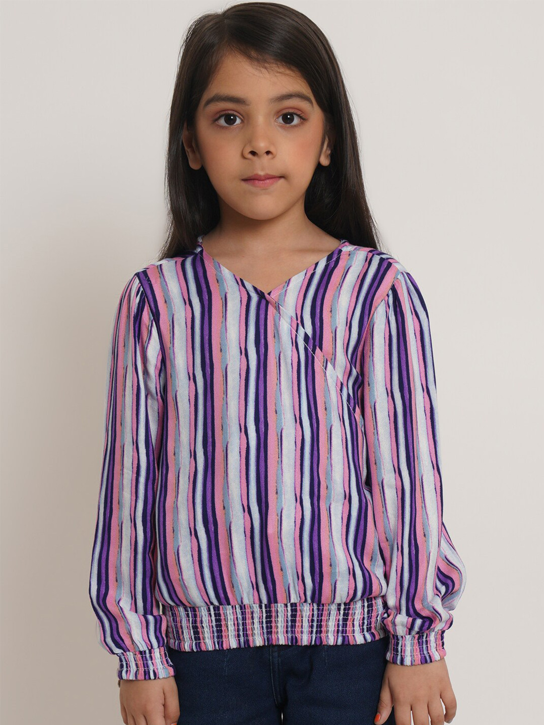 Creative Kids Girls Vertical Striped V-Neck Smocking Wrap Top