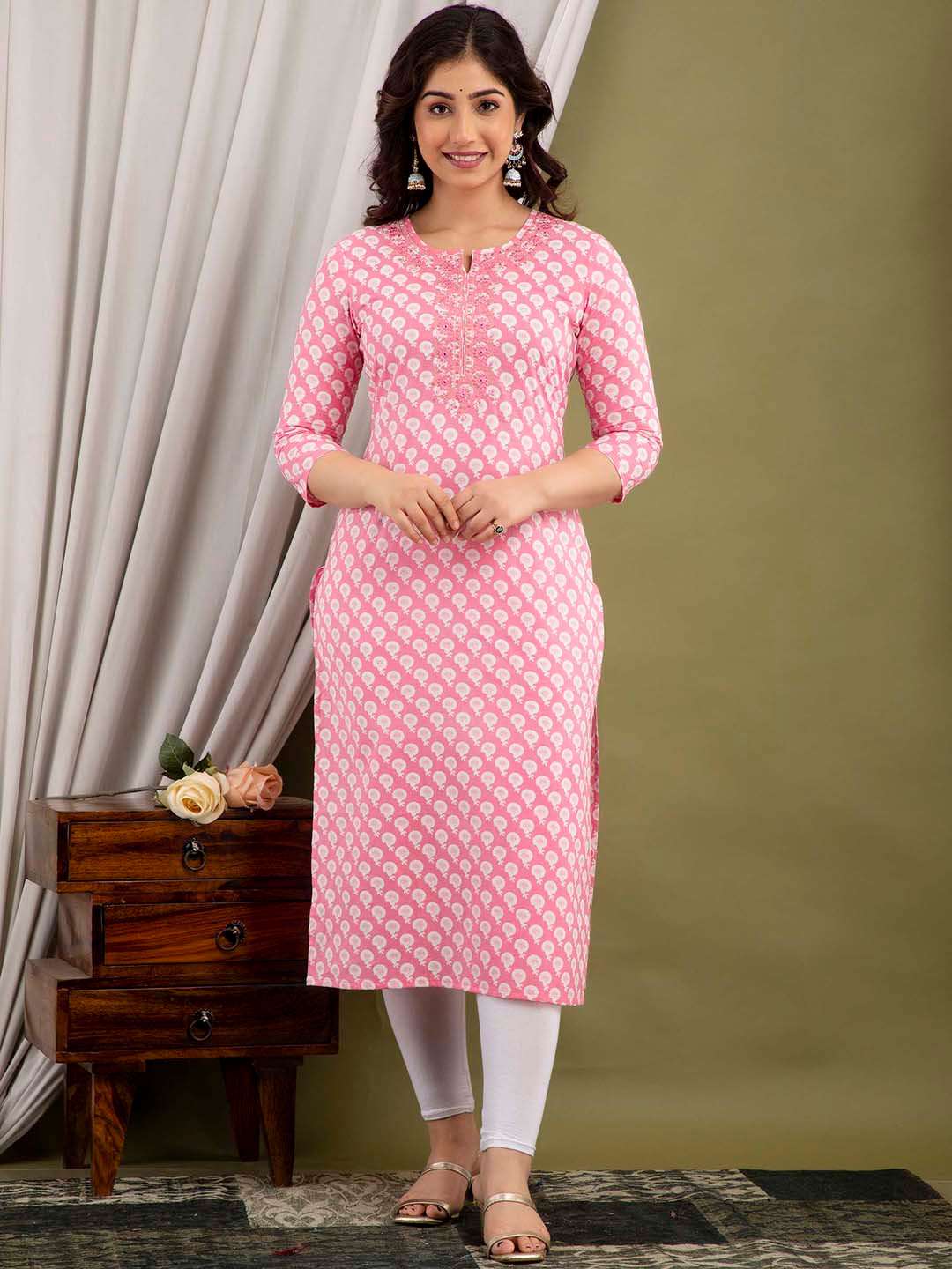FASHION DEPTH Ethnic Motifs Printed Round Neck Thread Work Cotton Kurta
