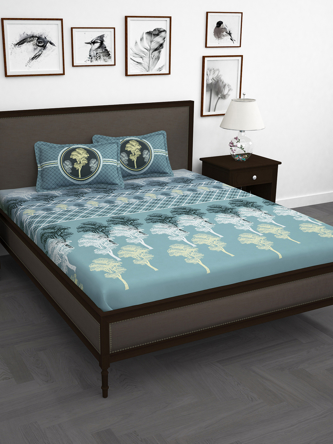 Story@home Green Conversational Cotton 240 TC King Fine Bedsheet with 2 Pillow Covers-106 x 106 inches