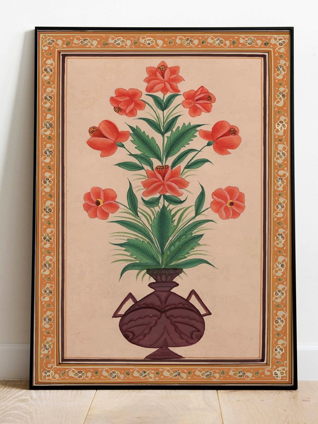 INDIAN CLASSIC ART Beige & Green Indian Mughal Folk Framed Wall Art