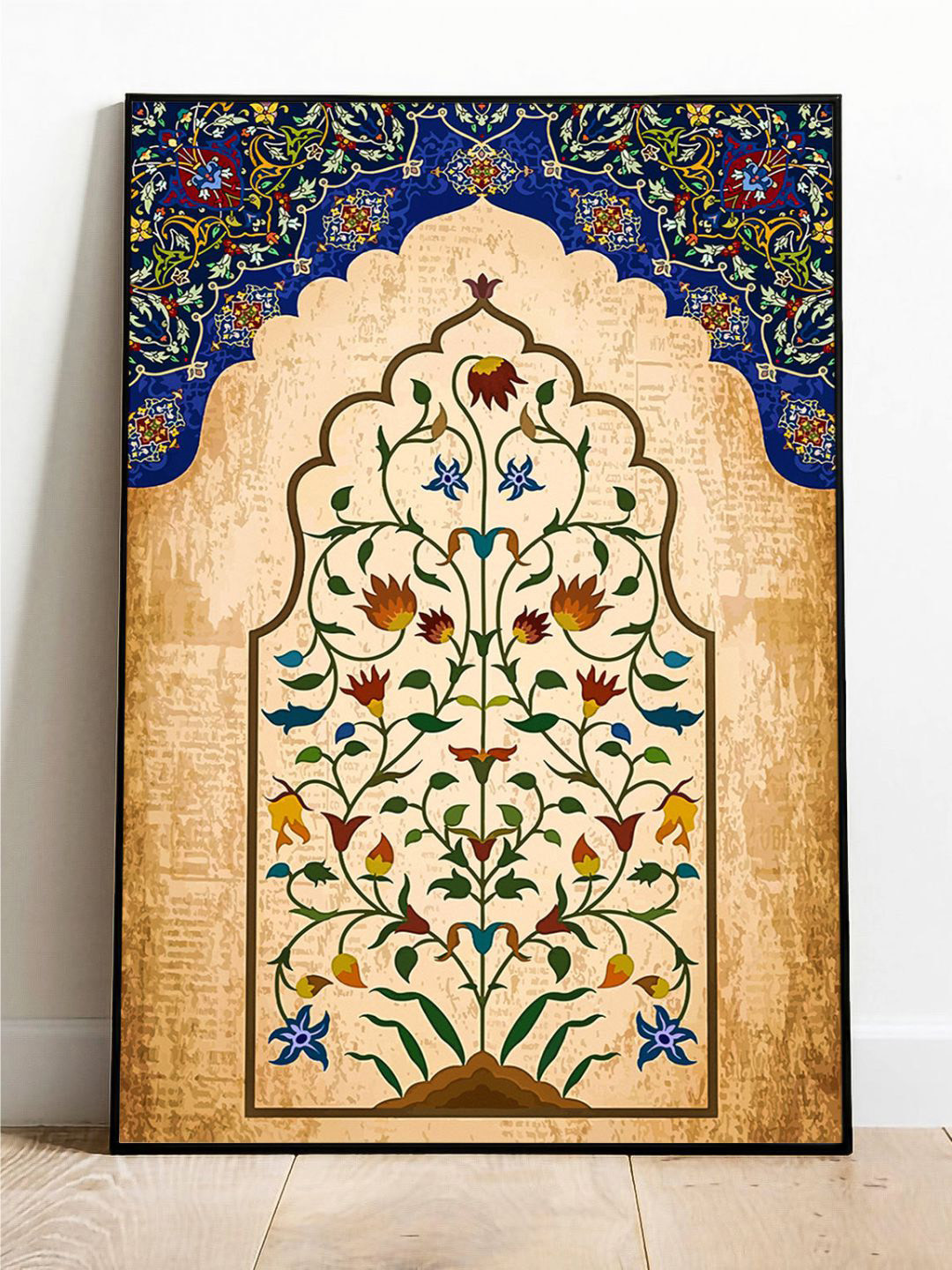 INDIAN CLASSIC ART Beige & Blue Floral Indian Floral Framed Wall Art