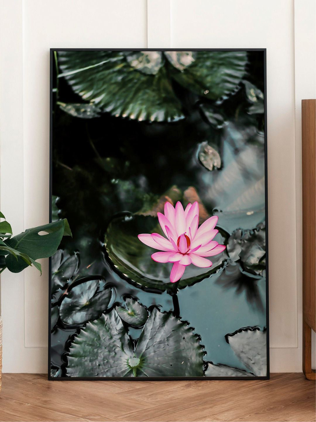 INDIAN CLASSIC ART Green & Pink Lotus Painting Framed Wall Art
