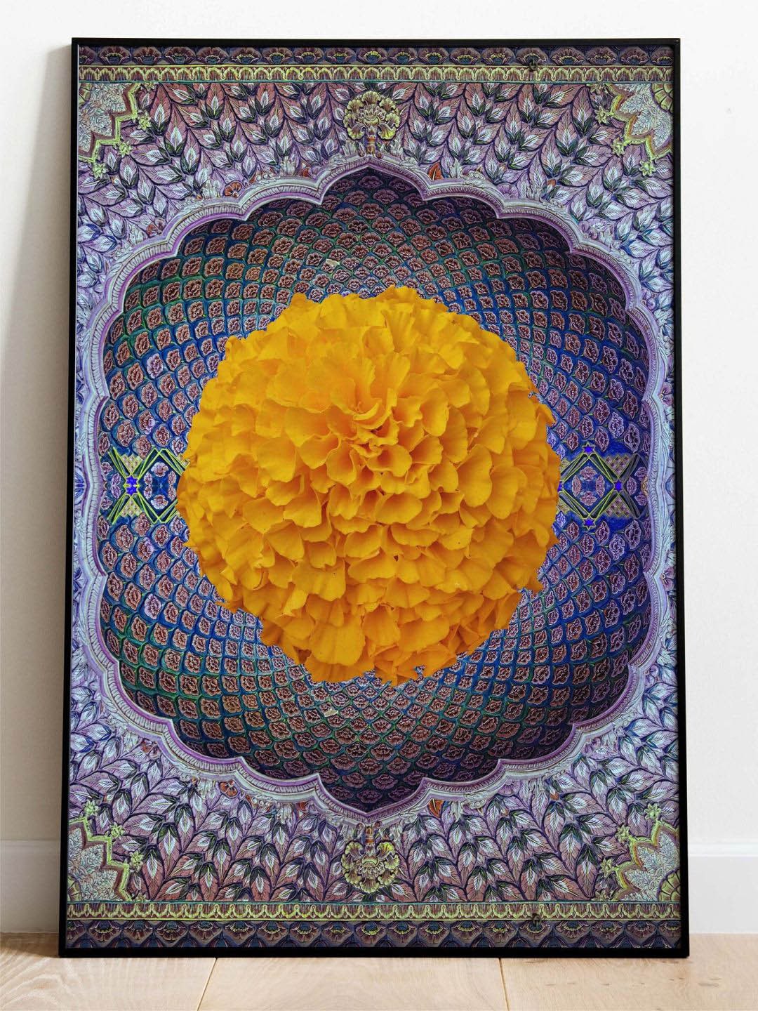 INDIAN CLASSIC ART Blue & Orange Indian Folk Painting Framed Wall Art