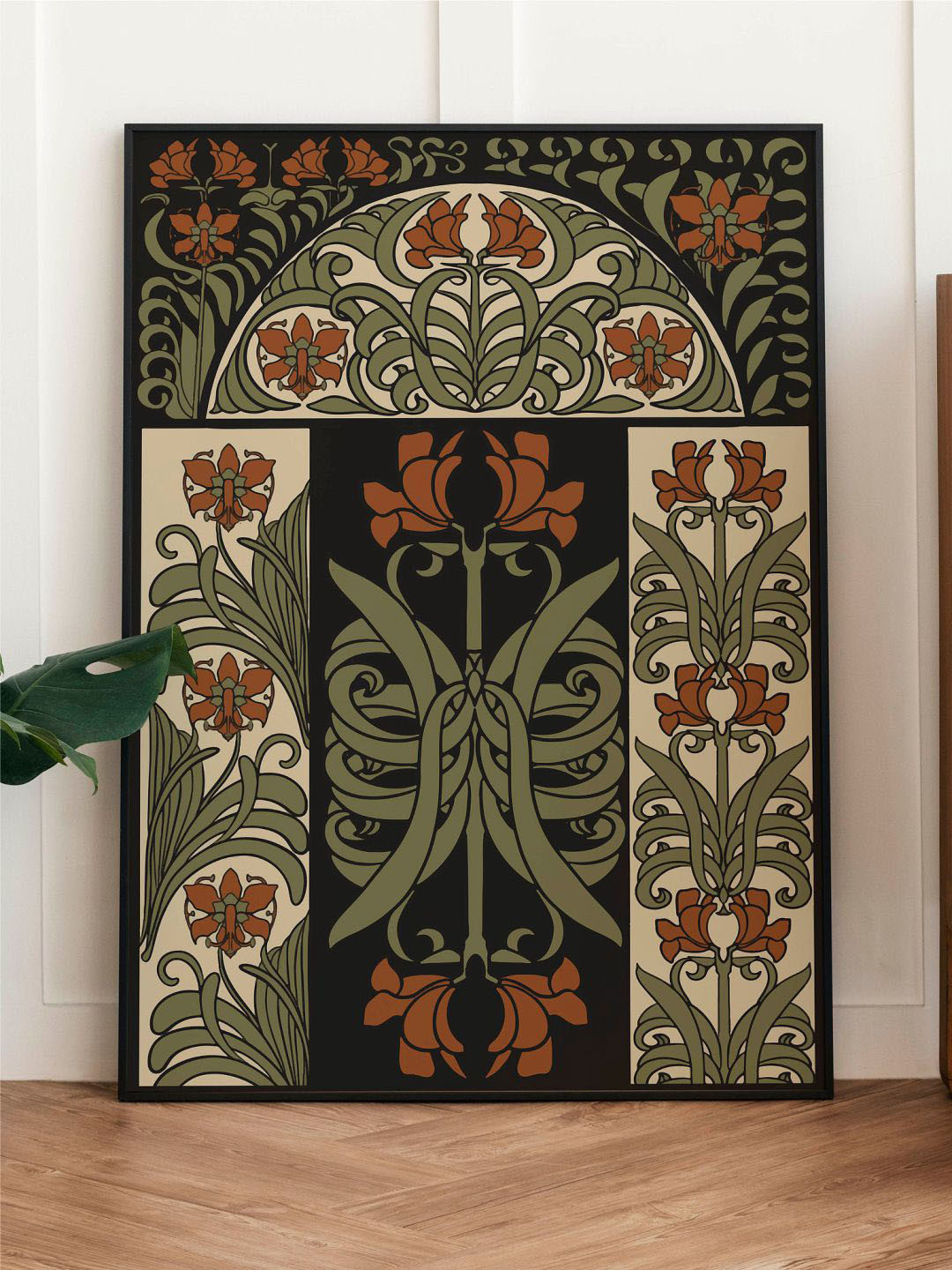 INDIAN CLASSIC ART Black & Beige Nouveau Floral Framed Wall Art