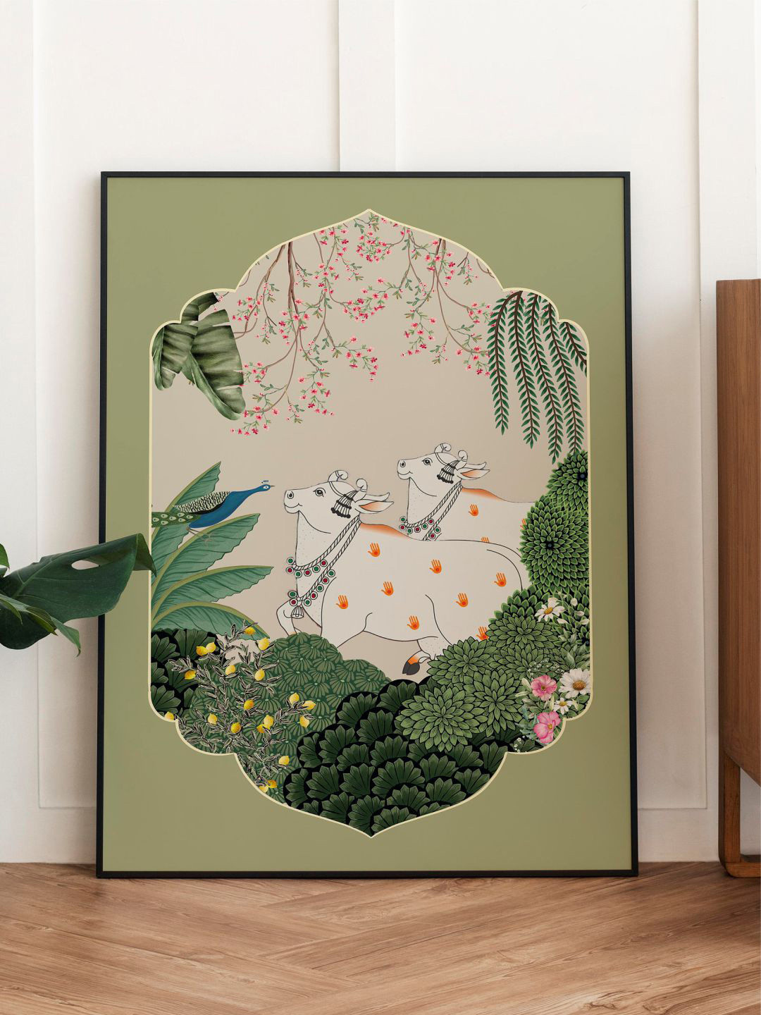 INDIAN CLASSIC ART Green & Beige Indian Cow Pichwai Framed Wall Art