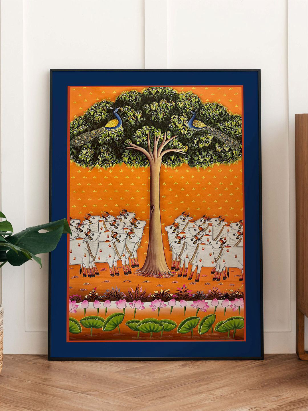 INDIAN CLASSIC ART Orange-Color & Green Indian Cow Pichwai Framed Wall Art