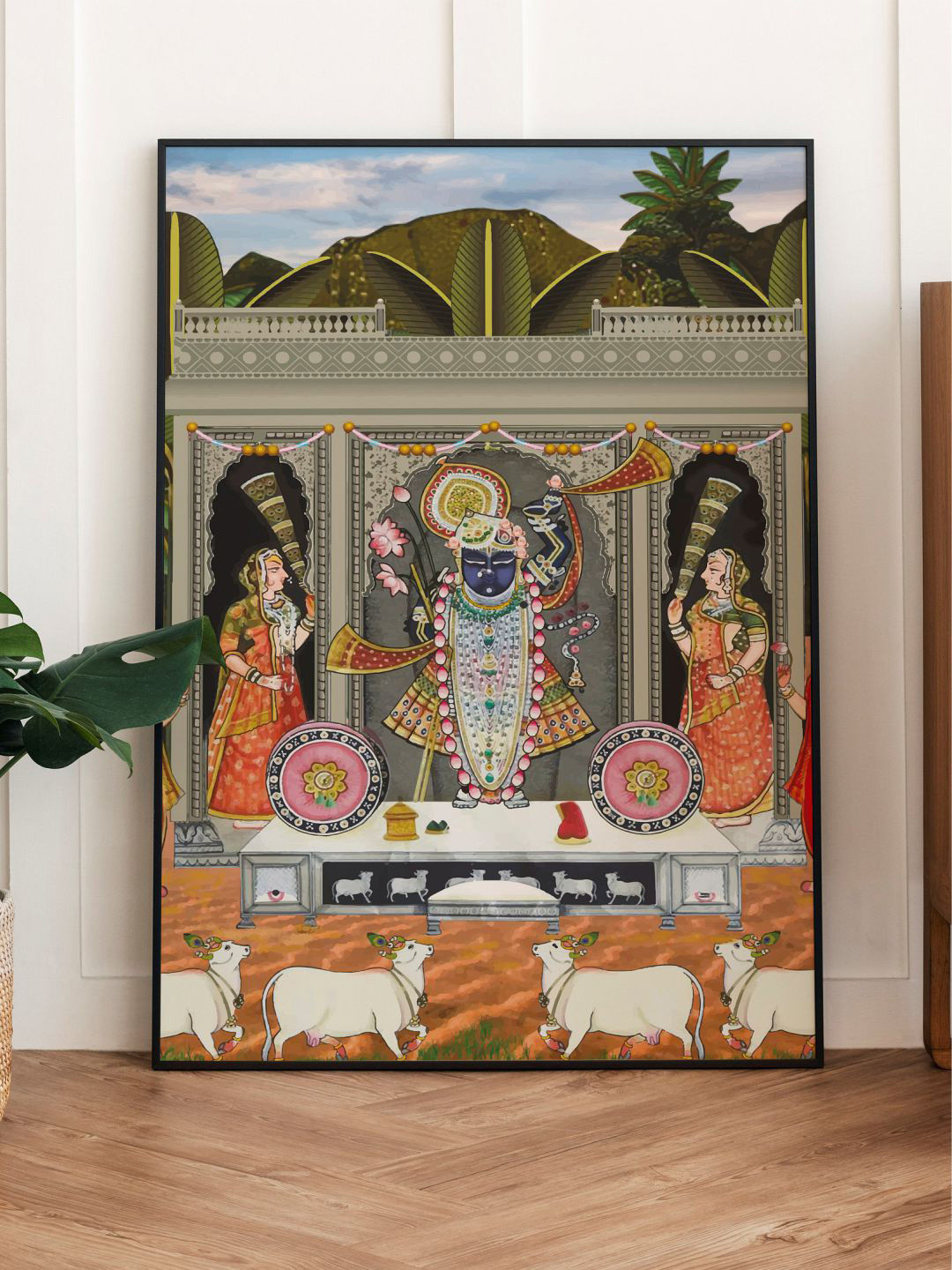 INDIAN CLASSIC ART Taupe & Orange-Color Shreenathji Pichwai Framed Wall Art