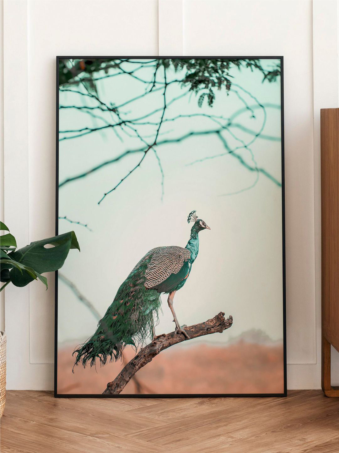 INDIAN CLASSIC ART Blue & Grey Peacock Indian Pichwai Painting Framed Wall Art