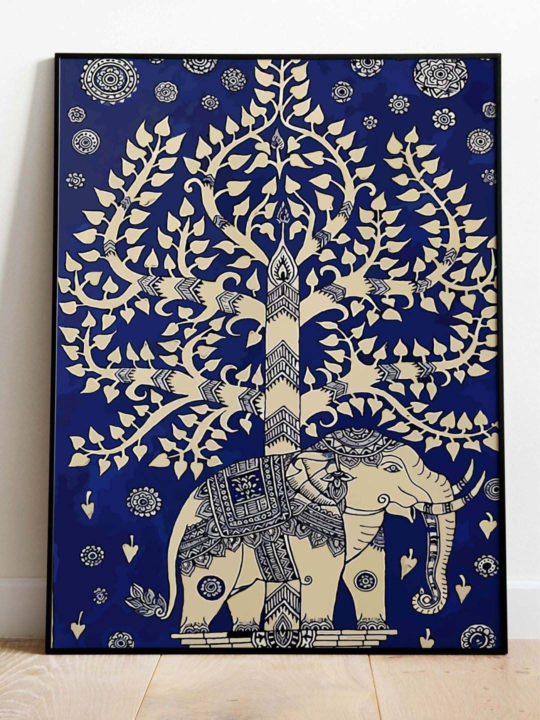 INDIAN CLASSIC ART Blue & Beige Indian Kalamkari Painting Framed Wall Art
