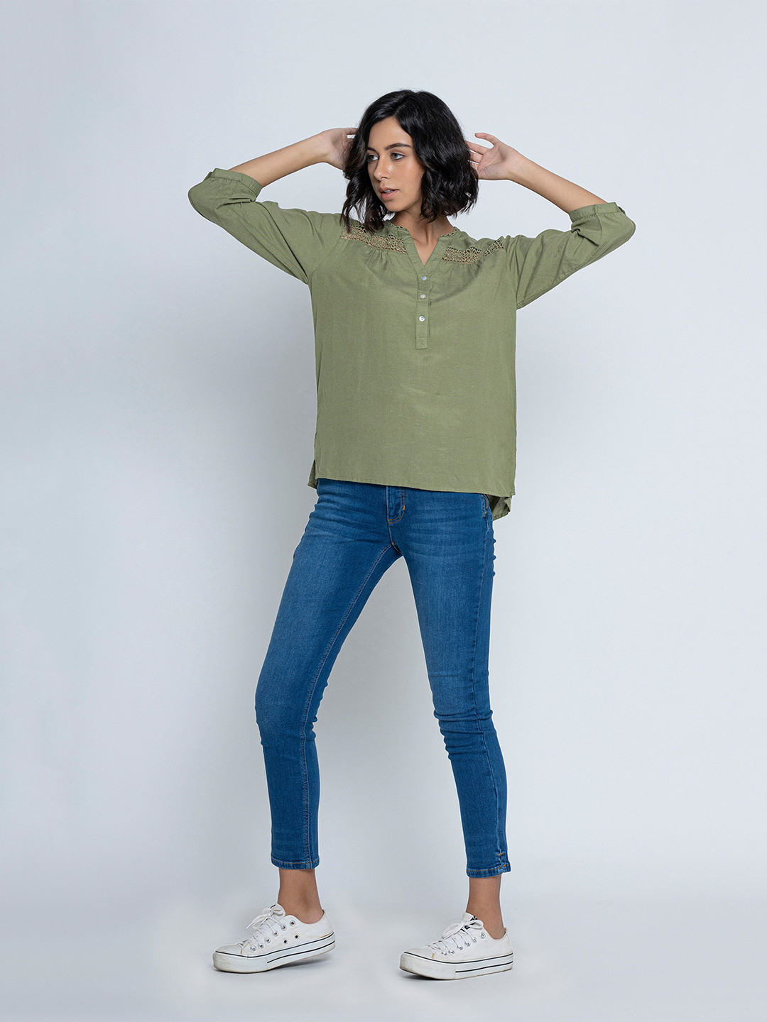 B.Copenhagen Mandarin Collar Lace-Up Shirt Style Top