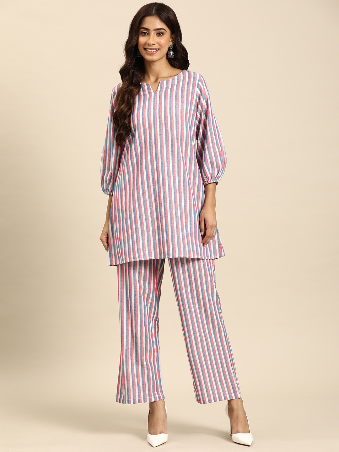 anayna Striped Puff Sleeves Pure Cotton Kurti with Palazzos