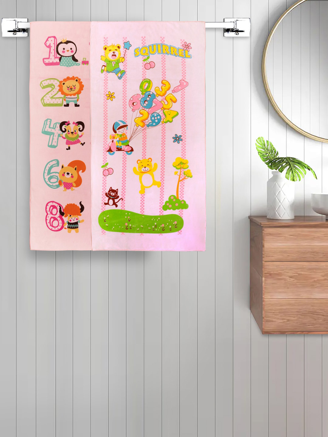 FABINALIV Set of 2 Pink & Yellow Cartoon Printed 420 GSM Cotton Kids Bath Towels