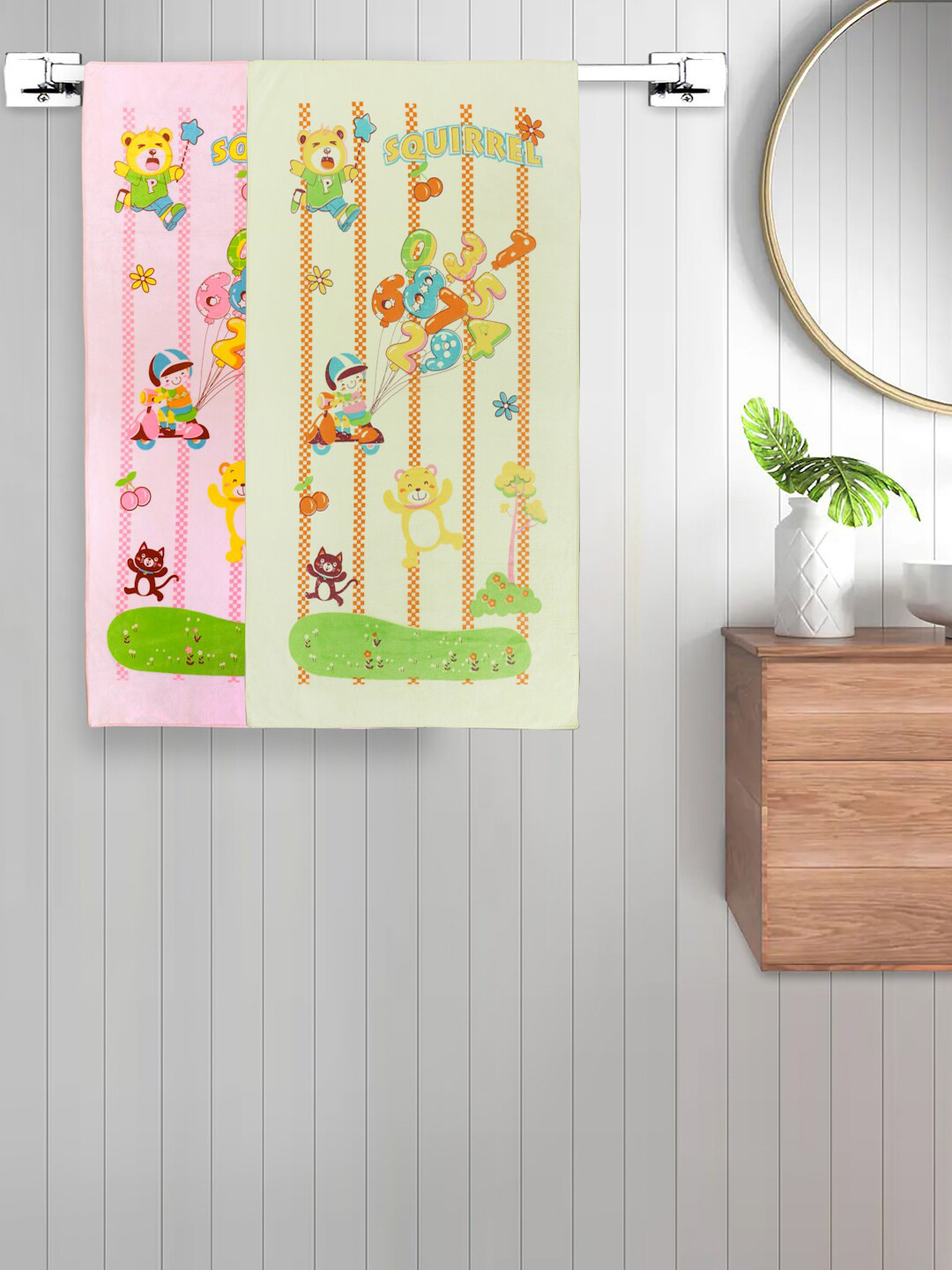 FABINALIV Set of 2 Pink & Yellow Cartoon Printed 420 GSM Cotton Kids Bath Towels