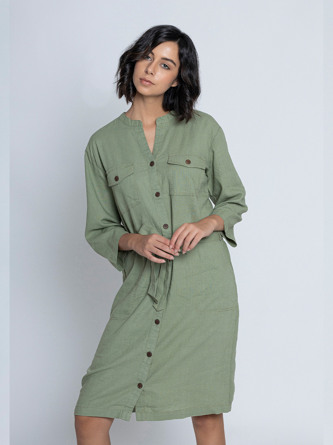 B.Copenhagen Linen Tie-Ups Knee Length Shirt Dress