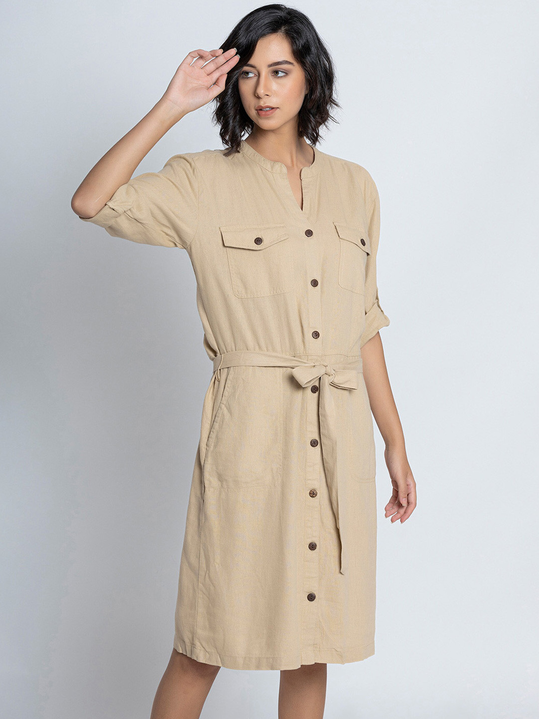 B.Copenhagen Band Neck Roll-Up Sleeves Linen Shirt Style Dress With Tie Details