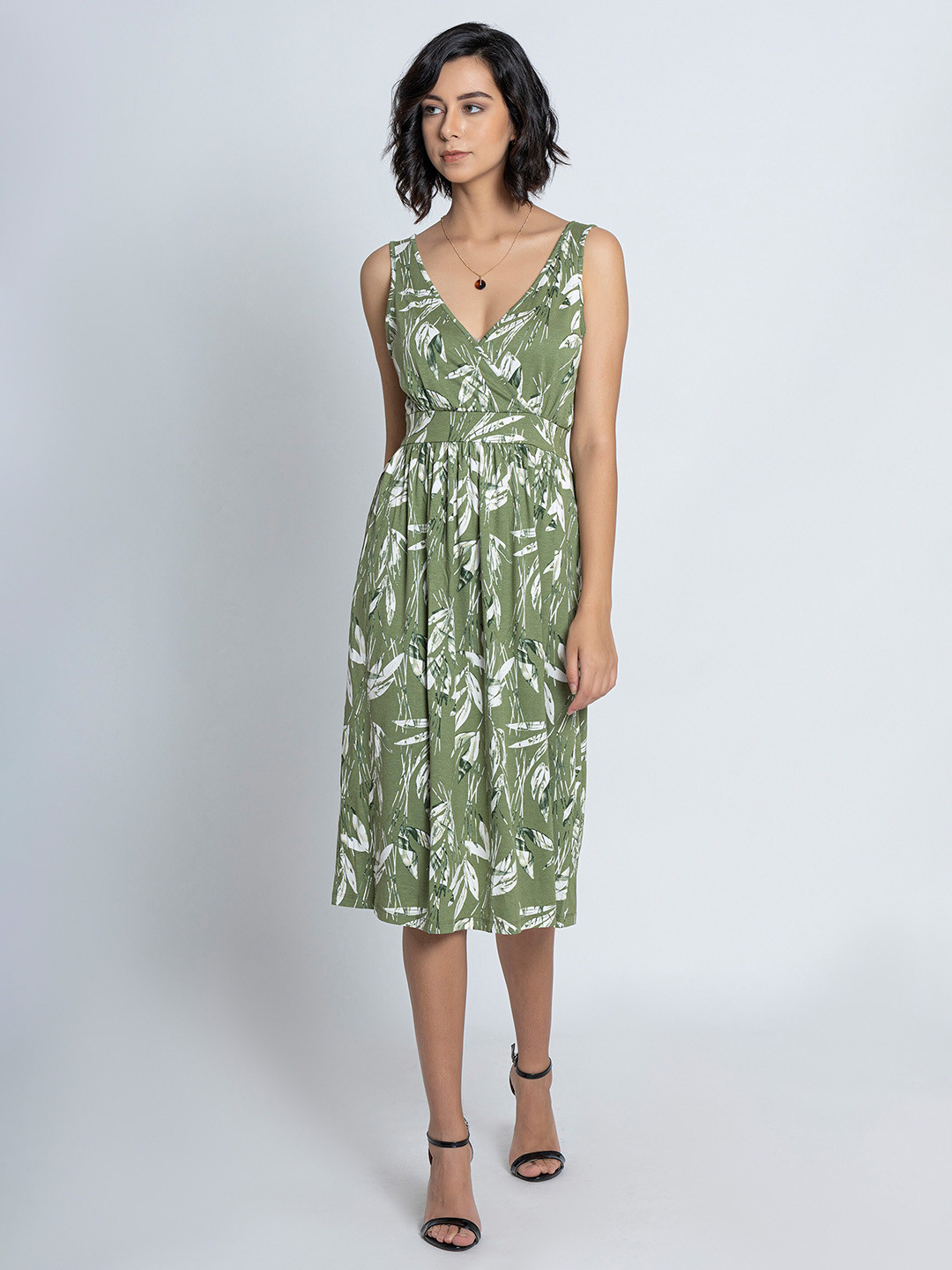 B.Copenhagen Floral Printed Wrap Midi Dress With Smocked Details