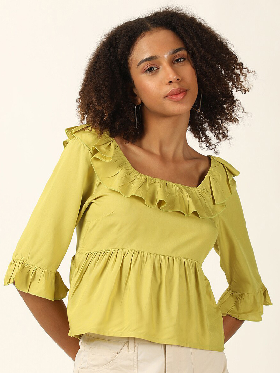 FOREVER 21 Yellow Square Neck Bell Sleeves Peplum Top