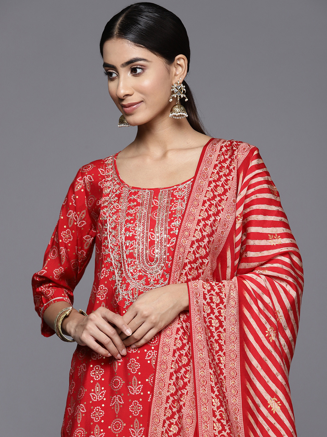 Libas Women Bandhani Yoke Design Regular Kurta with Skirt & With Dupatta