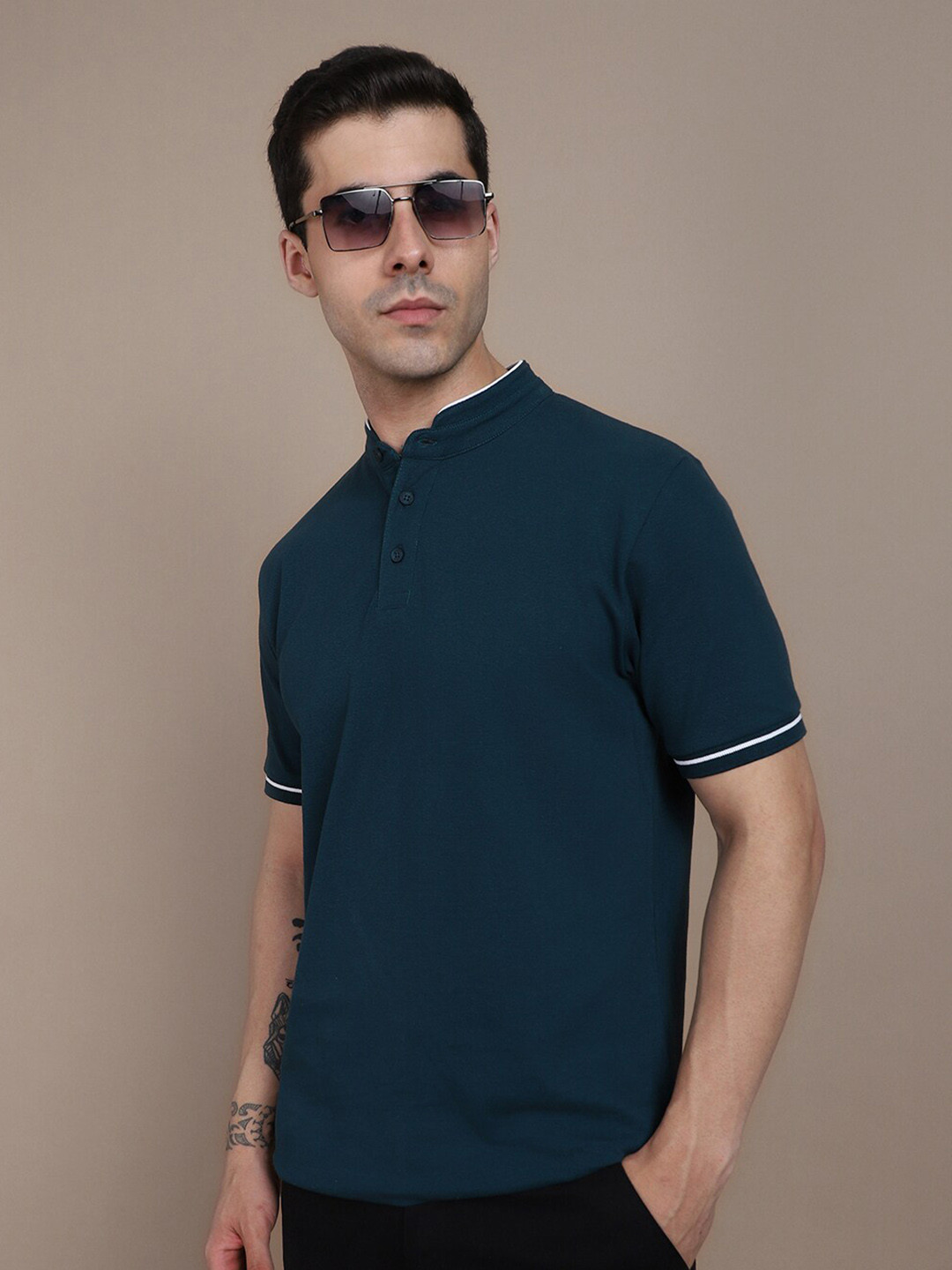 Dennis Lingo Mandarin Collar Slim Fit Cotton T-shirt