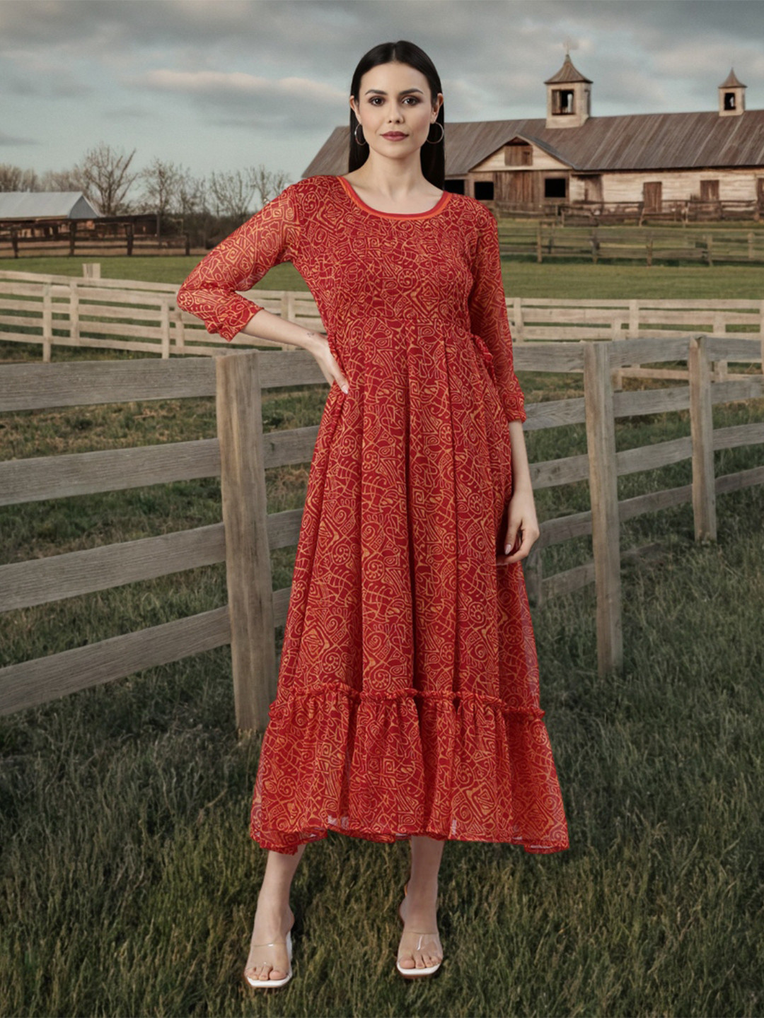 Souchii Abstract Printed Round Neck Fit & Flare Dress