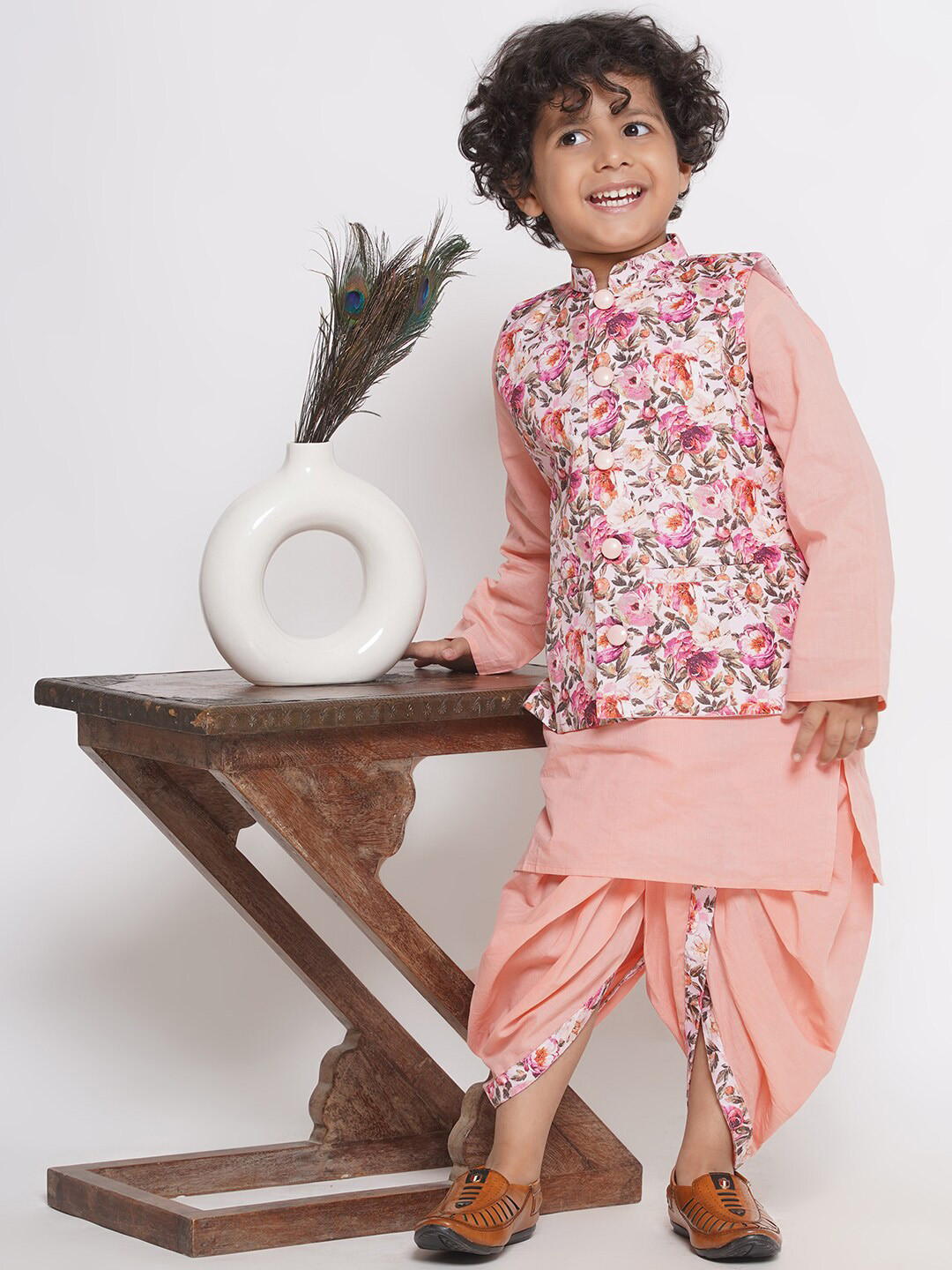 Little Bansi Boys Striped Long Sleeves Pure Cotton Kurta & Dhoti Pants with Jacket