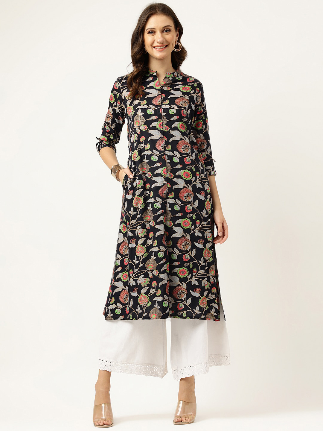 Ashlee Floral Printed Mandarin Collar Panelled Kurta